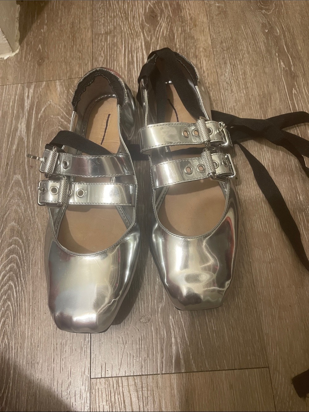 Schutz Metallic Silver Mary Jane Ballet Shoes with Buckle Straps